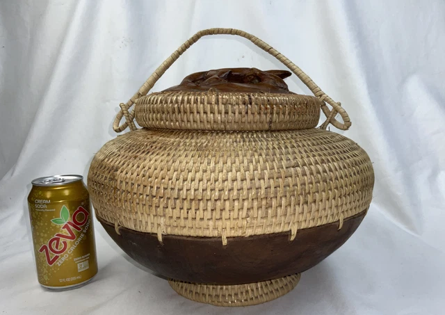 Indonesian Woven Basket Carved Wood LIZARD on Lid Handmade 9” Tall Large