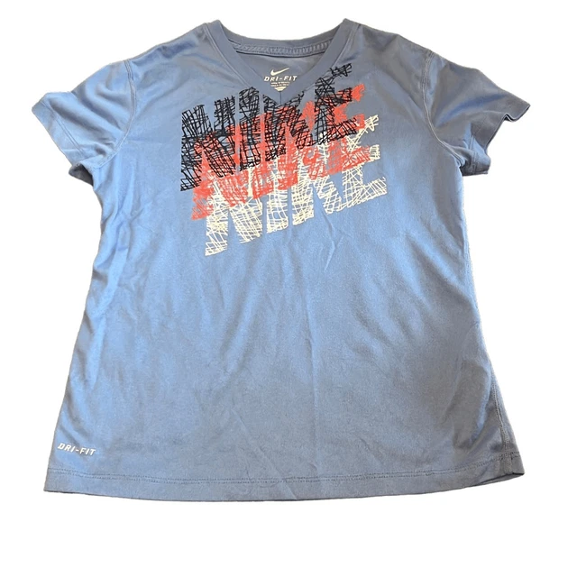 Nike Girls Medium Blue Large Logo Dri Fit Short Sleeve Shirt Top