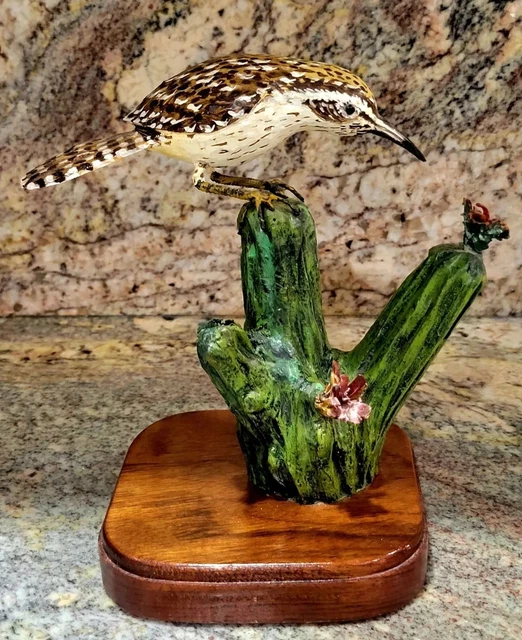 Carved Wood Cactus Wren Statue Handmade Western Folk Art Signed Hans Kihlstrom