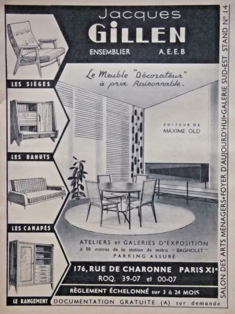 Publicité De Presse 1956 Jacques Gillen Ensemblier Éditeur De Maxime Old