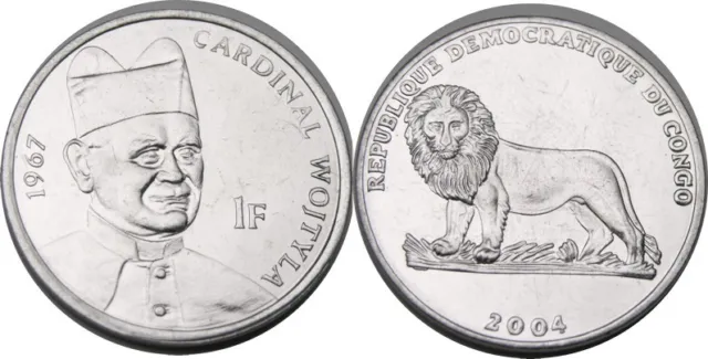 elf Congo Democratic Rep 1 Franc 2004 Lion Pope St John Paul II as a Cardinal