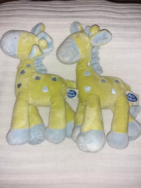 Lot de 2 doudous/peluches Girafe Vert/bleu Mots D'enfants