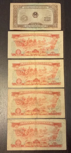 1958 5 Hao & 1966 1 Dong Vietnam 5 Banknotes