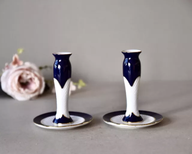 Vintage Set Of Two Porcelain  Candlestick Holders Zsolnay White And Cobalt Blue