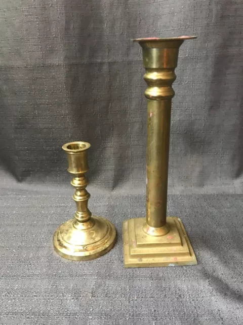 Vintage Pair Of Mismatched Brass Candlesticks