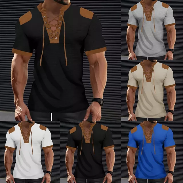 Lace Up Top Men's Summer Streetwear T Shirt Strappy Shirt Casual Tee Size M 3XL