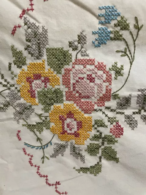 Handmade Tablecloth Light Yellow Embroidered Cross Stitch Cotton Flowers Spring