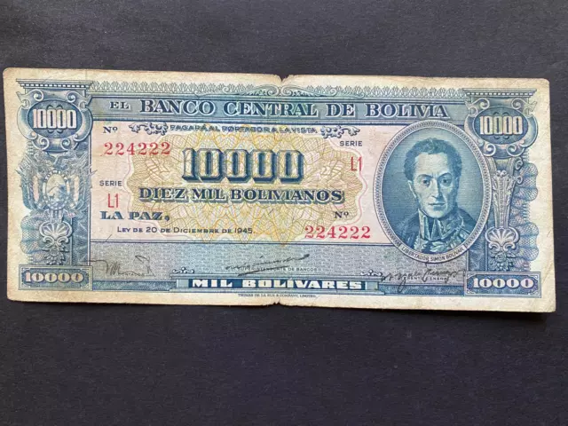 BOLIVIA, 1945, Billete Banco Central de Bolivia, 10000 BOLIVIANOS, Serie L1, CIR