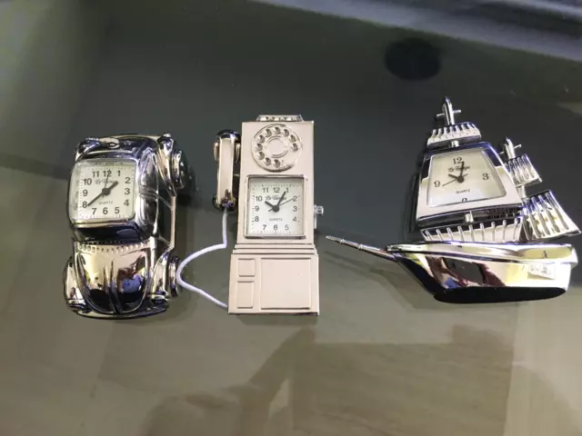 Lot 3 Miniatures Horloges Editions Atlas Le Temps Voiture / Telephone / Navire