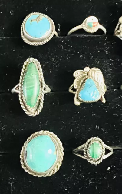 Vtg Lot 6 Native American Sterling Silver Turquoise Malachite Rings Sz 4.5-7