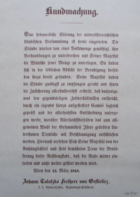 KUNDMACHUNG der NÖ. Landesregierung vom 13. März 1848 Faksimile Revolution