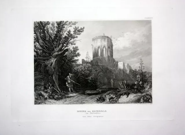 1840 - Samaria Ruine Jäger Palästina Israel Asien Asia engraving Stahlstich