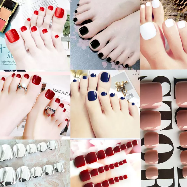 24pcs Coloured False Toe Nail Art Tips Full Cover Fake Toenails With Glue