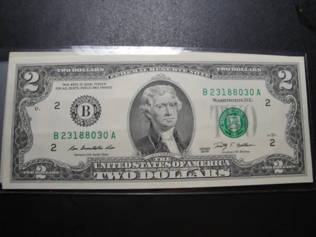 (1) $2.00 Series 2009 (B) Federal Reserve Note BU Uncirculated Condition