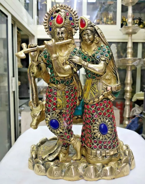 Radha Krishna Brass Sculpture Lord Goddess Statue God Idol 11" Figurine 11.46lbs