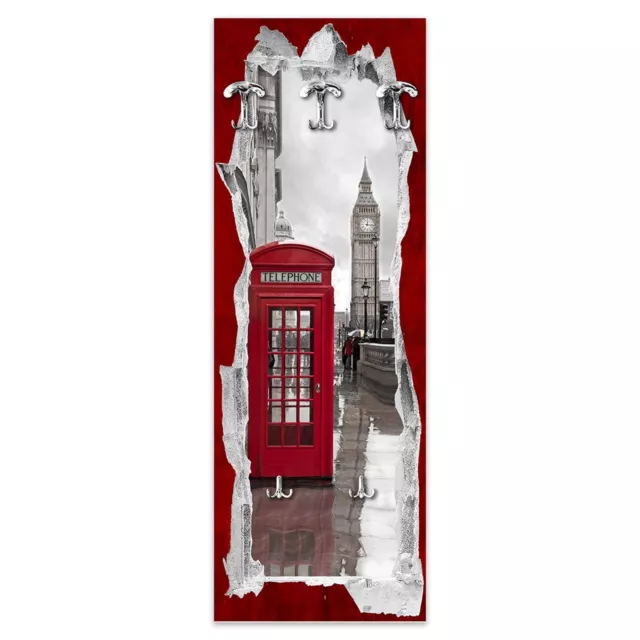 Appendiabiti da parete 46x125 Telephone Box con stampa, attaccapanni con 5 ganci