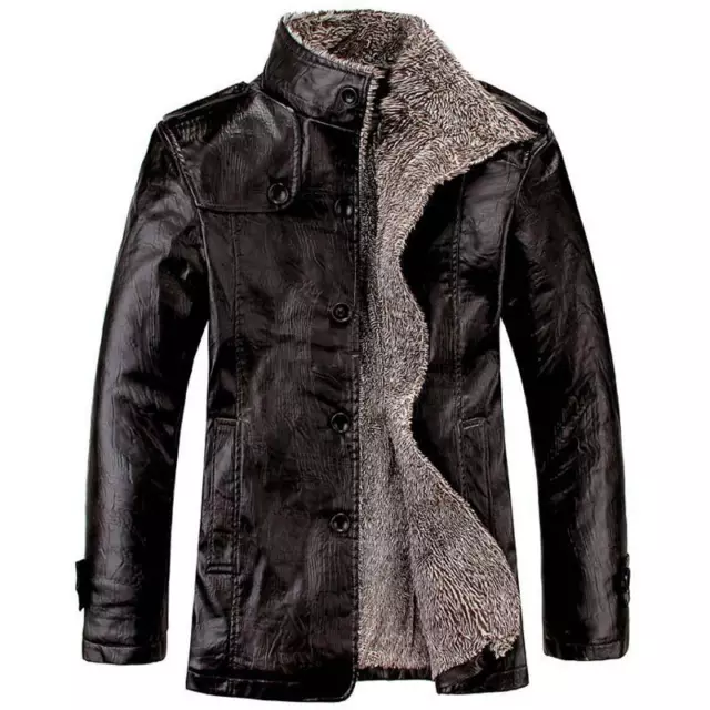 Mens Overcoat PU Leather Fleece Fur Lined Trench Coat Jacket Winter Warm Thicken
