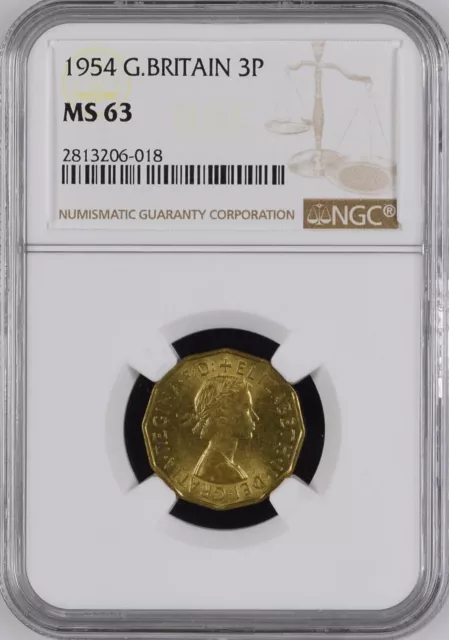 1954 Great Britain Brass Three Pence NGC MS 63