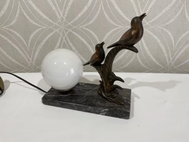 Beautiful French Antique Song Birds Lamp With Glass Globe Art Deco Bronze Effect