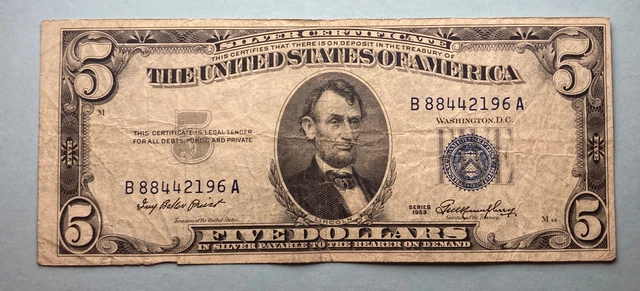1953 Five Dollar  Silver Certificate $5 Bill Blue Seal Note FREE SHIPPING