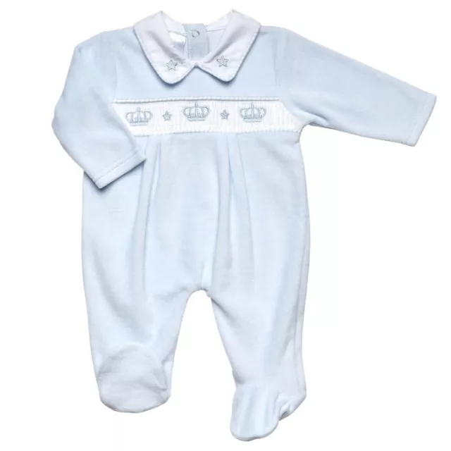 Baby Junge Spanischer Stil Trompler Schlafanzug Blau Velour Krone Design Jungen 0-6 M