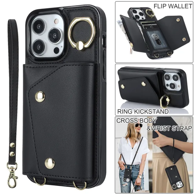 Crossbody Shoulder Strap Wallet Leather Case Ring Kickstand for iPhone & Samsung