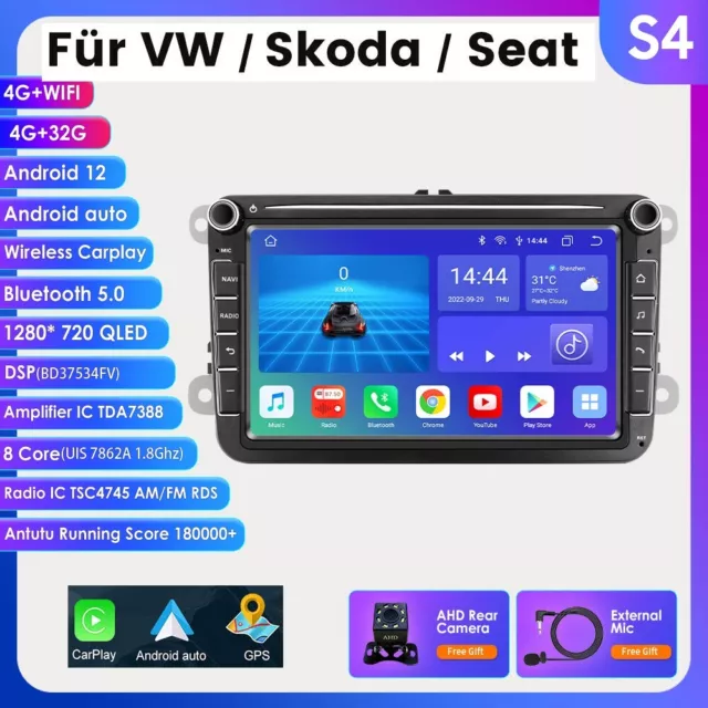 Android 12 4+32GB Carplay Autoradio Navi für VW Golf Mk5/6 Polo 6R Tiguan Touran