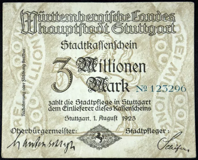 STUTTGART 1923 3 Million Mark Inflation Notgeld Banknote Germany