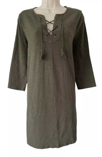 Boden Khaki Prairie Dress - Size 14 - Gypsy Folk Jersey Boho Knee Length Tassel