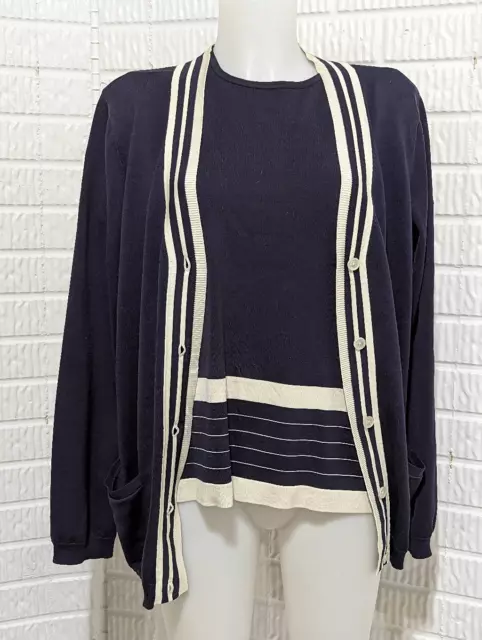 Ralph Lauren Women's Navy White Lining Accent V-Neck Twinset Sweater Size Large