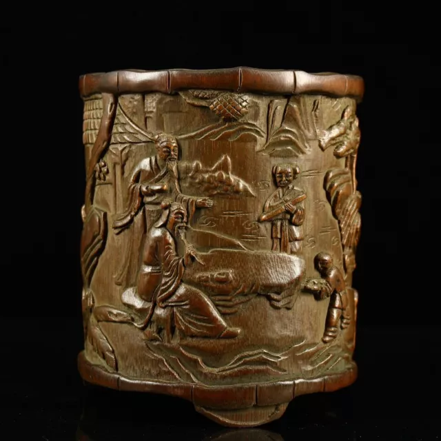 Collection Chinese Old Bamboo Carved Figure Landscape Brush Pot Asian Antique