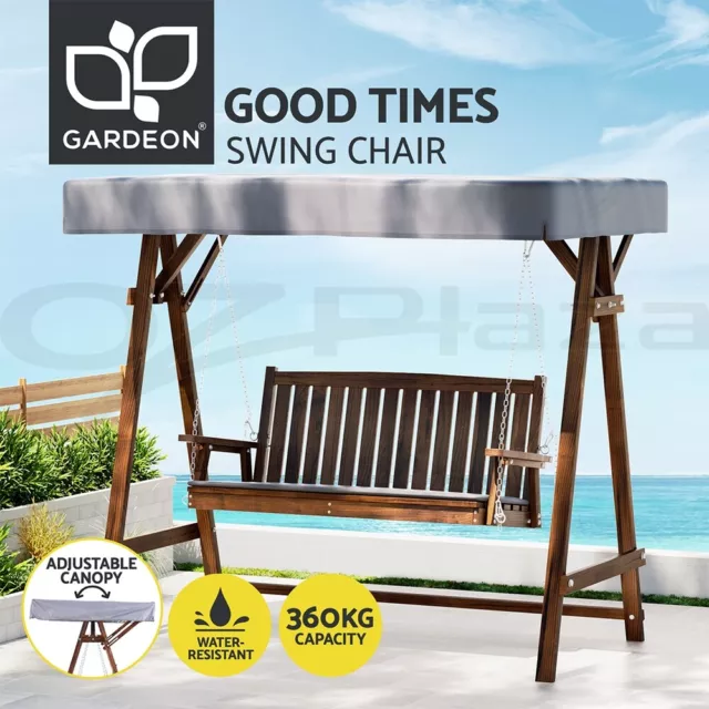 Gardeon Outdoor Wooden Swing Chair Garden Bench Canopy Cushion 3 Seater Charcoal