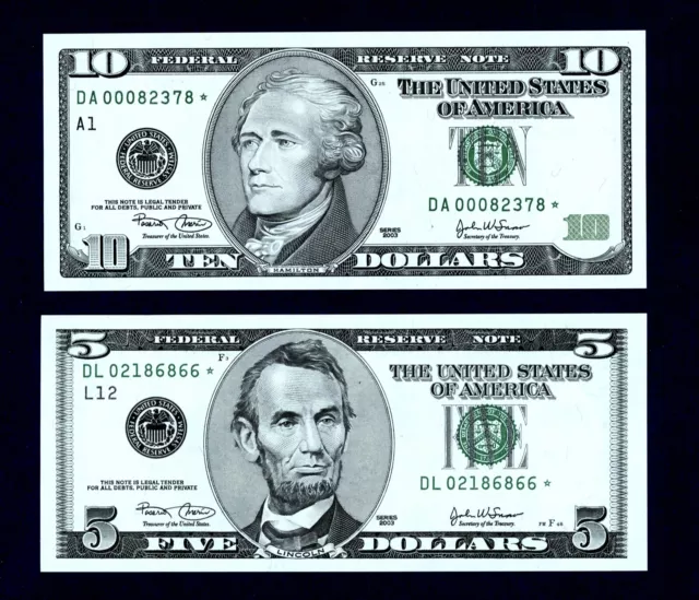 2003 $10 ten dollar bill UNCIRCULATED STAR NOTE & 2003 $5 STAR NOTE UNCIRCULATED