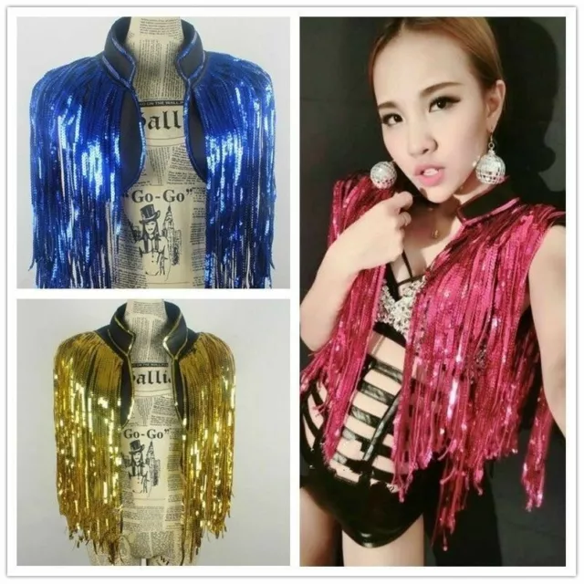 Women Sequin Tassel Waistcoat Glitter Costume Dance Tank Top Vest Clubwear Shiny