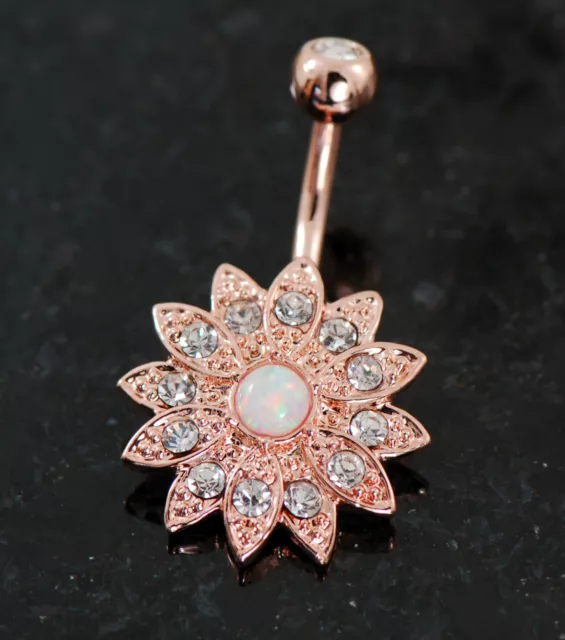 1 Pc 14K Rose Gold Plated Opal Center CZ Flower Double Gem Belly Ring 14g 3/8"