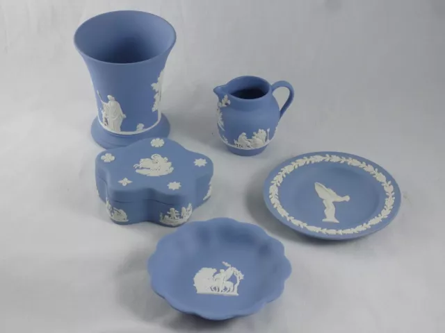 Wedgwood Jasper Ware 5 Pieces Vase Jug Box Dish Tray Jasperware Light Blue