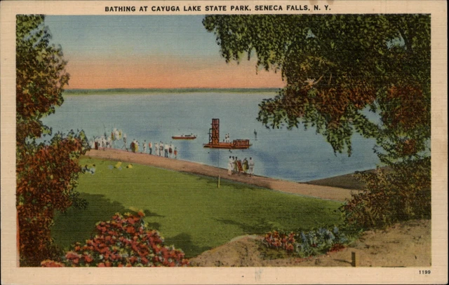 New York Seneca Falls Cayuga Lake State Park bathing aerial view ~ postcard