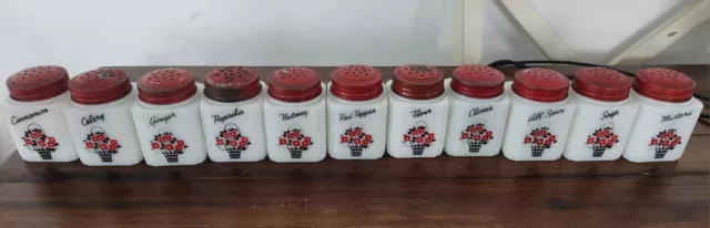 Vintage Tipp City McKee 11pc Milk Glass Flower Basket Spice Jars Shakers Set