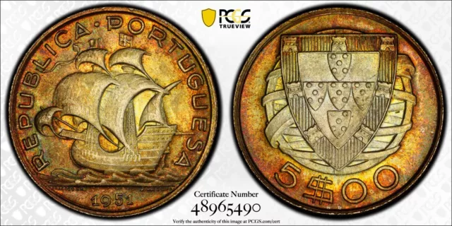 1951 Portugal PCGS MS65 silver 5 Escudos - Beautiful Toning