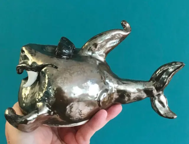 NEU Keramik Silber GROßE Spardose SPAR - HAI Fisch Geschenk Unikat handmade Meer