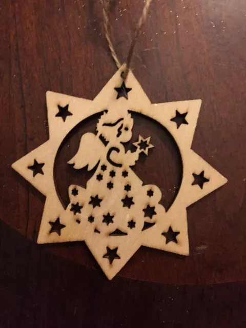 Delicate Wooden Star Ornament with Angel & Stars Natural, Laser-Cut $10=Free Shp