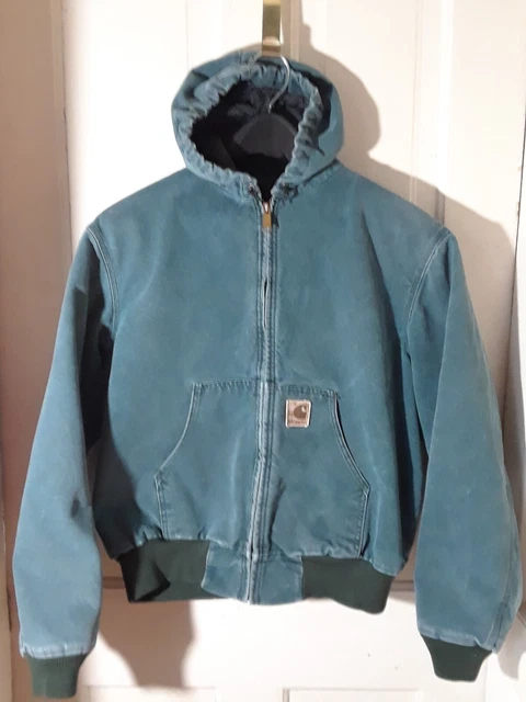 Vtg. 90s Carhartt Blue/Green Insulated Denim Jacket with hood Sz. L- Reg. J06HTG