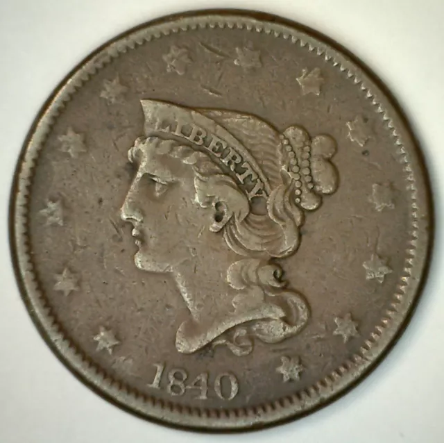 1840 Large Cent US Type Coin Copper VF Braided Hair Circulated VERY FINE