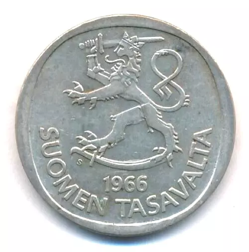 Finland 1966 1 Markka Silver Coin (6.4 g .35 Silver) - 1 Mark