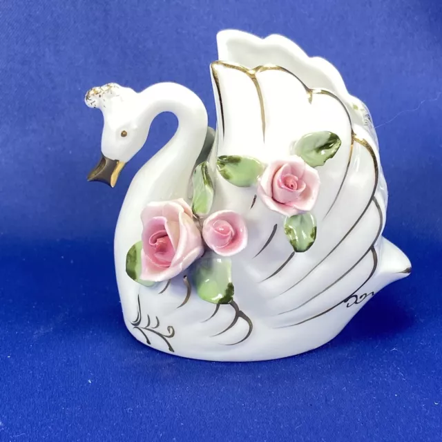 VTG Lefton China Swan Trinket Dish White Gold Trim Hand Painted Pink Roses JAPAN