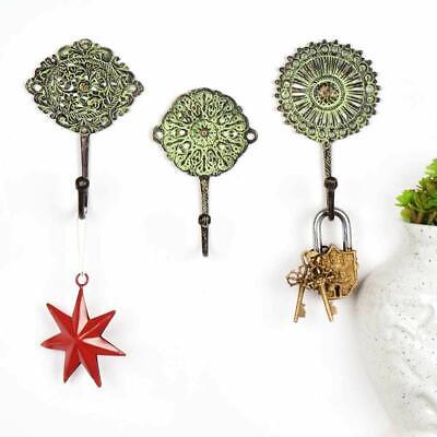 Handmade Pack of 3 Antique Patina Boho Floral Wall Coat Hooks With Srew & Anchor