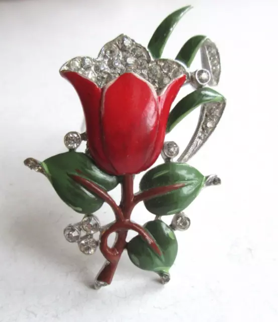 CROWN TRIFARI Vintage 1939 Rhinestone Red Enamel Tulip DRESS CLIP Wow!