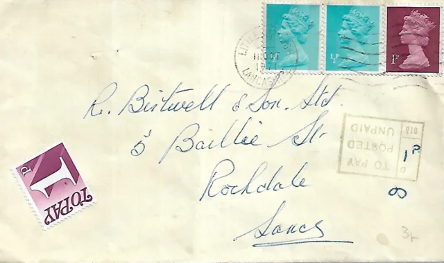1p POSTAGE DUE TO PAY POSTED UNPAID 1971 COVER TO ROCHDALE REF 635