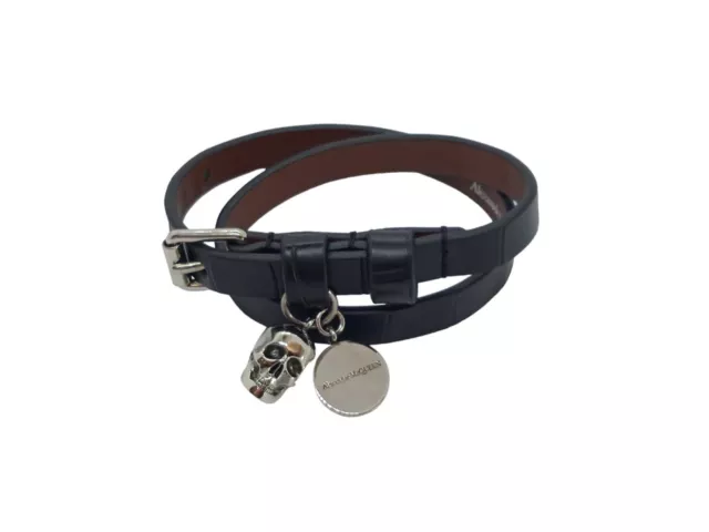 ALEXANDER MCQUEEN Black Leather Skull Charm Double Wrap Bracelet OS RRP190 NEW