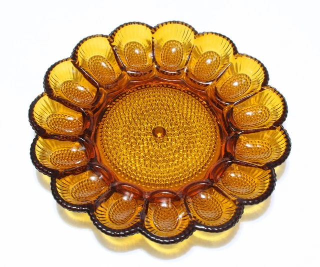 Vintage Indiana Glass Dark Amber Hobnail Deviled Egg Serving Plate/Dish/Tray